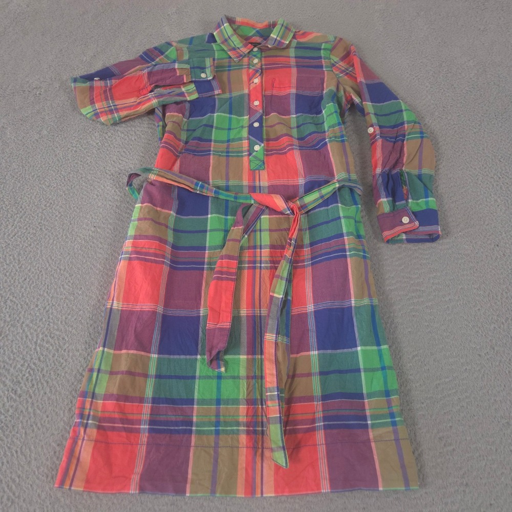 Talbots Dress Womens 8 Multicolor Madras Plaid Roll Tab Sleeve Belted Spring